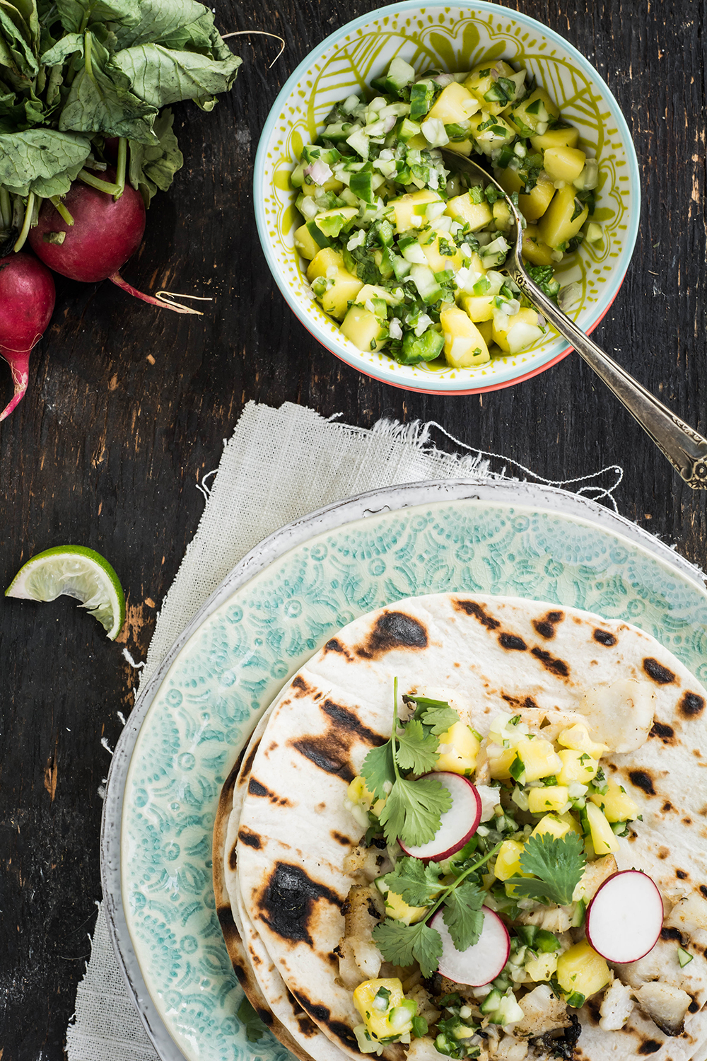 Fish Tacos with Mango Cucumber Salsa