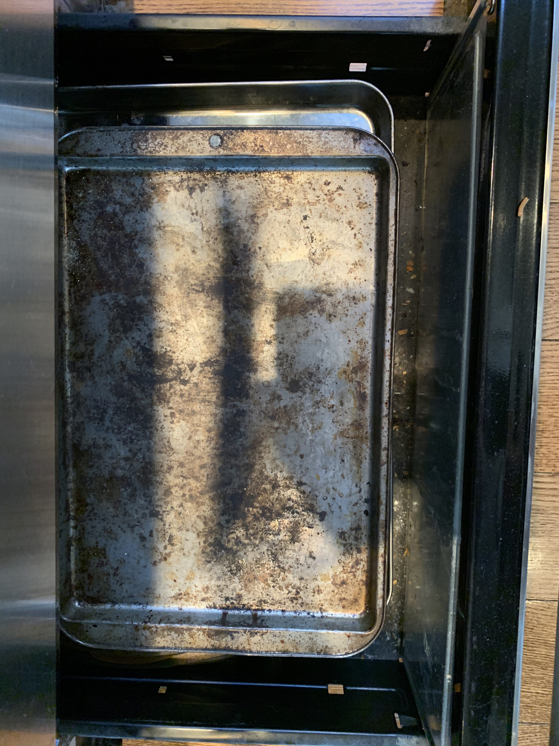 tarnished baking sheet for food photography